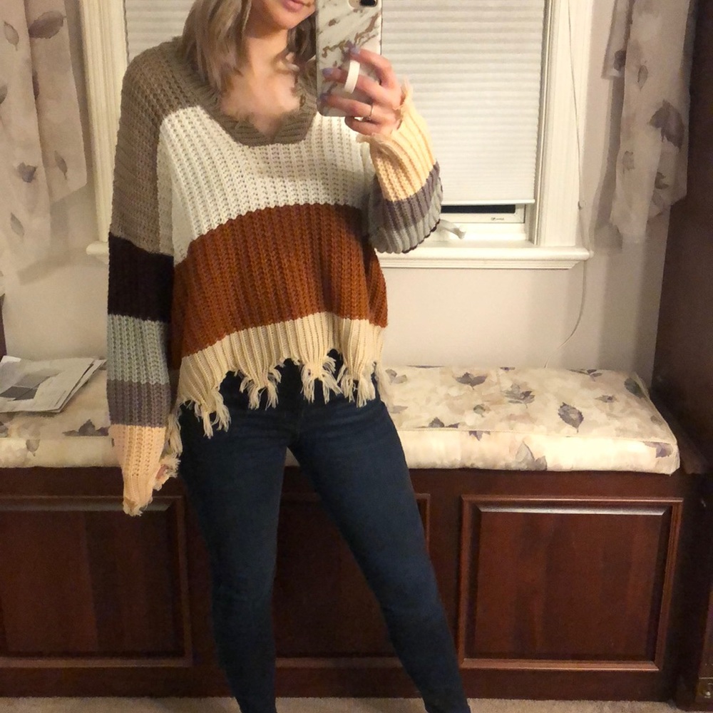 Vestique Distressed Multi Striped Sweater